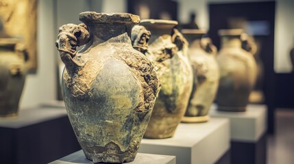 Row of identical weathered clay amphorae some showing ornate details on display in a museum exhibit