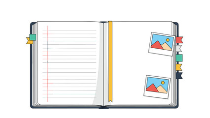 Open journal notebook with lined pages and colorful bookmarks featuring two polaroid photographs of mountain landscapes.