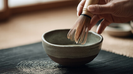 日本人が和室の光の中で茶筅を速く動かし抹茶の泡立ちを強調した一瞬