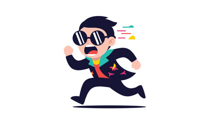Energetic cartoon man wearing sunglasses and a black jacket running at high speed across a blank white background space.
