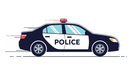 Black and white police cruiser car driving fast with speed lines indicating a high speed chase or emergency response situation.