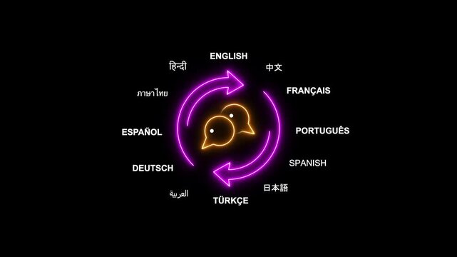 Multilingual Communication Concept with Neon Speech Bubbles and Language Labels in Circular Motion on Black Background