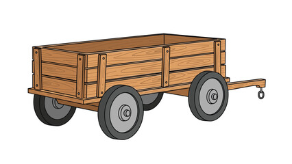 Traditional wooden farm wagon with four grey wheels and a hitch for hauling loads in a rural or historic setting illustration.