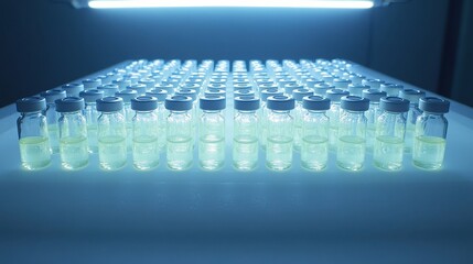 Rows of unopened vaccine vials shimmering under bright laboratory lighting showcase medical research and development