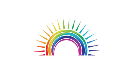 Abstract colorful rainbow arc made of overlapping segments with pointed rays radiating outwards for a vibrant sun like logo.