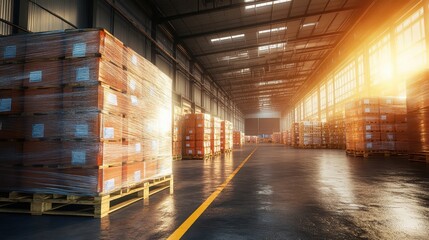 Rows of stacked boxes on pallets stored within a large industrial warehouse illuminated by sunlight streaming through windows