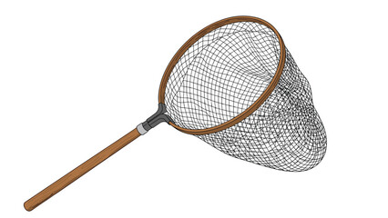 Classic net with a long wooden handle used for catching butterflies or fish isolated on a white background for easy use.