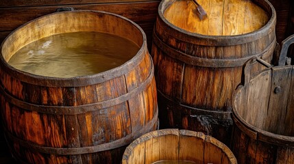 Rustic wooden barrels and buckets used for water transport and storage