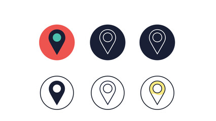 Set of six different map pin icons with various colors and styles used for location marking on navigation and digital apps.