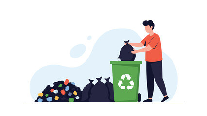 Young man wearing an orange shirt putting a black garbage bag into a green recycling bin next to a pile of sorted trash.