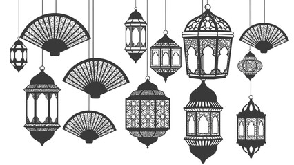 Arabic lantern and oriental folding fan hanging ornaments set. © rohati