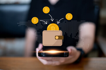 Person using smartphone laptop transfer cryptocurrency investment financial from exchange to hardware wallet digital data safety protection encryption cybersecurity, blockchain technology concept