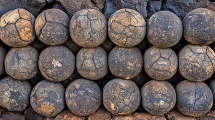 Smooth dark basalt spheres arranged in a tight interconnected formation showing cracked textures and natural geological details