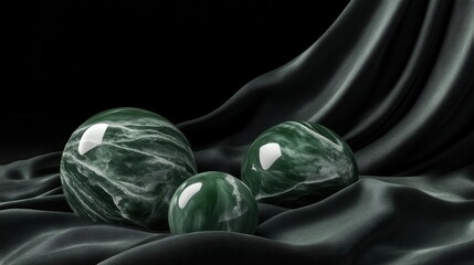 Smooth polished green jade spheres artfully arranged on dark draped fabric with subtle lighting