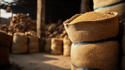 Stacks of burlap sacks filled with golden grain and pulses sit in a dimly lit warehouse storage area