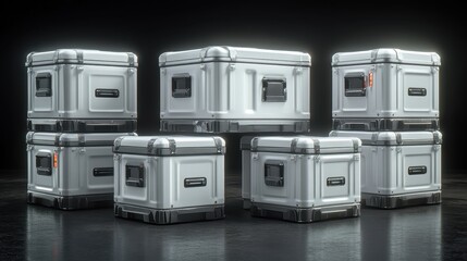 Stacks of durable multi purpose utility containers in silver metal with handles and latches displayed on a reflective surface
