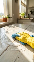 Gloved Hand Wiping Wooden Table Near Window removes dust with blue rag while sunlight creates shadows on surface.