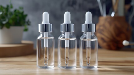 Three clear glass dropper bottles with silver accents holding a light colored liquid stand on a wooden surface