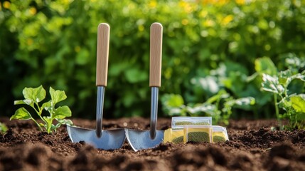 Two garden trowels and packets of seeds rest on rich soil with blurred green plants in the background ready for planting
