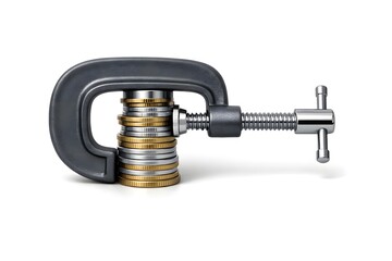 Clamp Tightening Around Stacked Coins &ndash; Monetary Tightening Concept