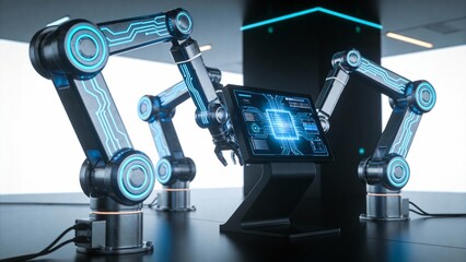Futuristic robotic arms with digital interface