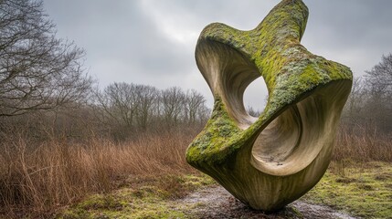 Weathered concrete abstract sculpture in a grassy outdoor landscape