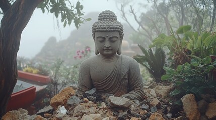 Weathered stone Buddha statue meditating amidst rubble and foliage in a misty garden setting