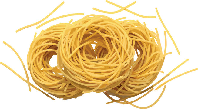 Realistic yellow pasta nests vector illustration featuring dried Italian egg noodles isolated on white background for authentic Mediterranean restaurant menu and gourmet food packaging design.