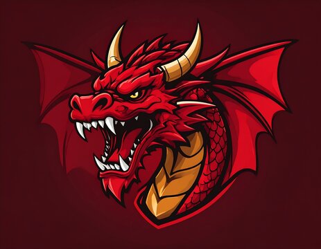 A fierce red dragon head with open mouth, sharp teeth, and golden horns, depicted with a focused and intimidating expression