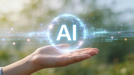 Hand holding AI symbol in digital sphere