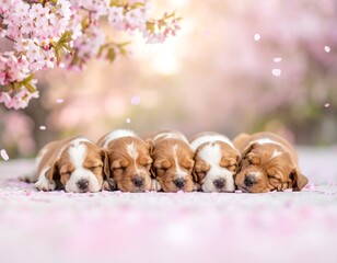 Adorable puppies sleeping under blooming flowers