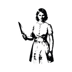Black and white vintage engraving illustration of a mysterious woman holding a knife, full body pose hand drawn vector style