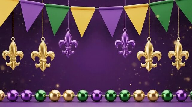 Mardi Gras Decorations with Fleur de Lis and Beads on Purple Background carnival celebration