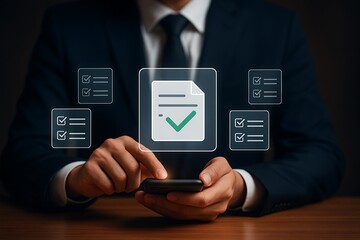 Businessman using smartphone reviewing document checklist with green approval mark digital data verification concept paperless workflow confirmation management office success 