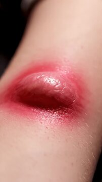 Close Up Of A Young Person's Forearm With A Keloid Scar With Irregular Borders And Redness In Warm Lighting For Medical