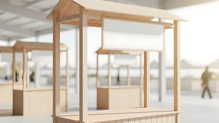 Wooden market stalls with blank sign