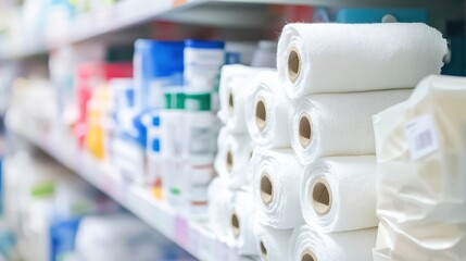 Neatly stacked rolls of white sterile gauze on a retail shelf for medical supplies