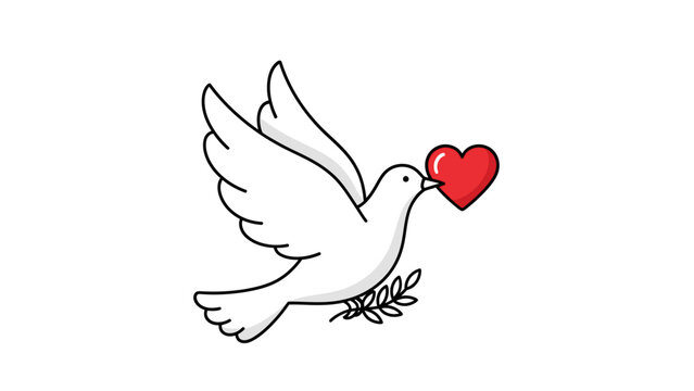 White dove flying with red heart and olive branch illustration.