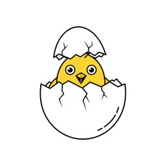 Fototapeta premium Cute cartoon chick hatching from cracked egg, isolated on white background.