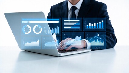 Businessman working on laptop with data charts