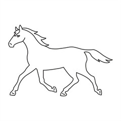 Obraz premium Horse icon, running or galloping with black outline, isolated on transparent background, Side view, Curved lines, Coloring book page, vector illustration.