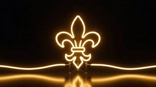 Glowing Yellow Neon Fleur de Lis Symbol on Dark Reflective Surface light