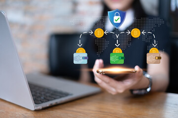 Person using smartphone cryptocurrency transaction online digital payment banking asset encryption safety security cybersecurity money network wallet, financial technology concept