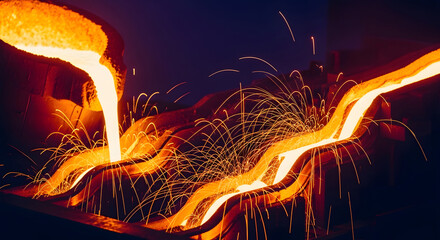 A vibrant Industrial Circular Economy Recycling process is observed as molten metal is skillfully poured into molds, creating brilliant sparks and fiery streams from an elevated viewpoint.