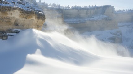 Powerful wind gusts shaping a large snowdrift against a rugged cliff face under a clear blue winter sky