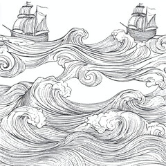 Fototapeta premium Sailing Ships on a Stormy Sea Line Drawing.