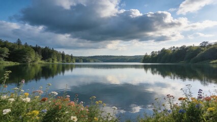 Lake surrounded by forest and wildflowers