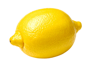A bright yellow, textured citrus fruit with distinct ends against black