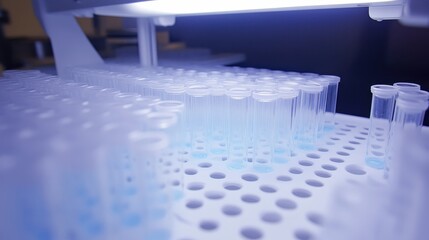 Rows of precisely positioned clear plastic vials filled with liquid in a laboratory setting