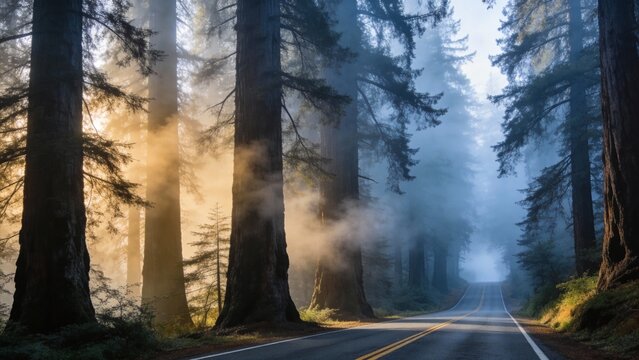 Misty forest road with tall trees - Powered by Adobe